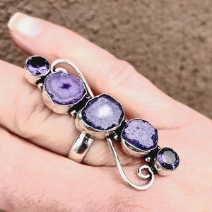 New Oversized Solar Quartz and Amethyst 925 Silver Statement Ring.